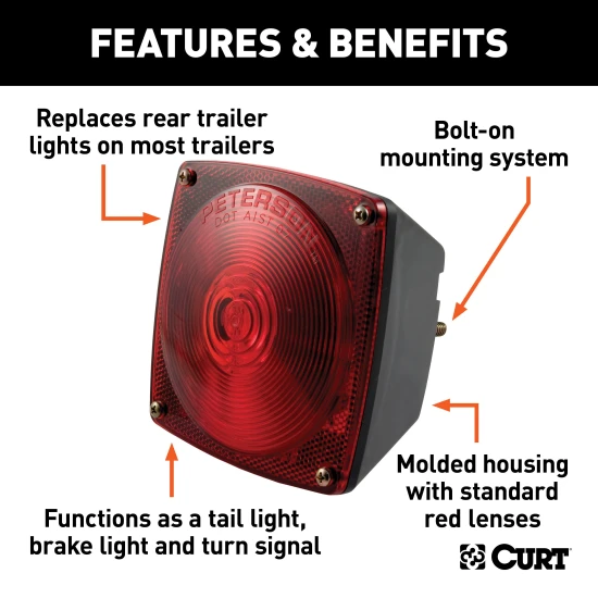 Driver-side CURT trailer taillight featuring molded housing and red lenses, including license plate illuminator and extra connections.