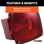 Driver-side CURT trailer taillight featuring molded housing and red lenses, including license plate illuminator and extra connections.