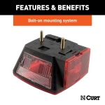 Driver-side CURT trailer taillight featuring molded housing and red lenses, including license plate illuminator and extra connections.