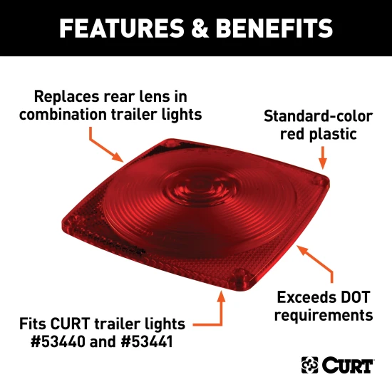 CURT red replacement lens for trailer lights, fits driver side, square shape, DOT-approved.