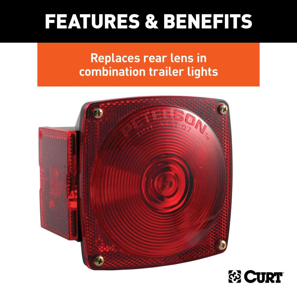CURT red replacement lens for trailer lights, fits driver side, square shape, DOT-approved.