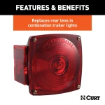 CURT red replacement lens for trailer lights, fits driver side, square shape, DOT-approved.