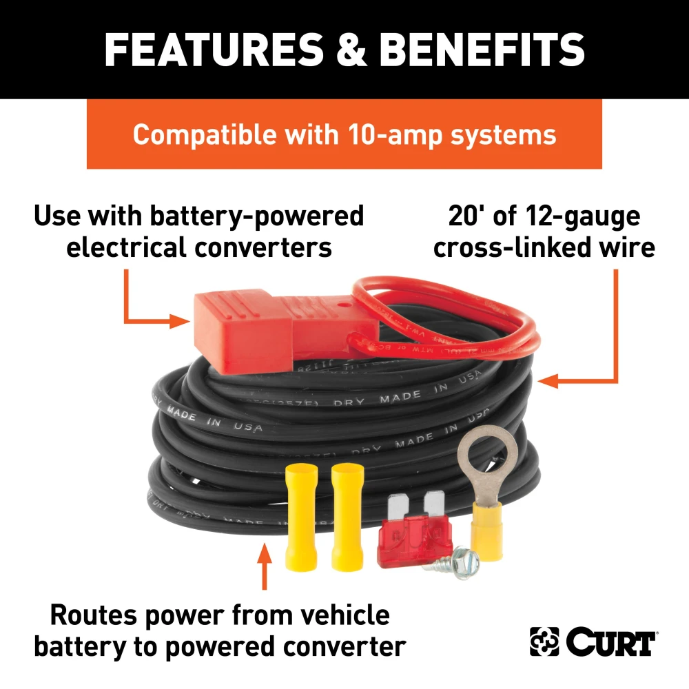 CURT Powered Converter Wiring Kit with 20-foot wire and fuse holder