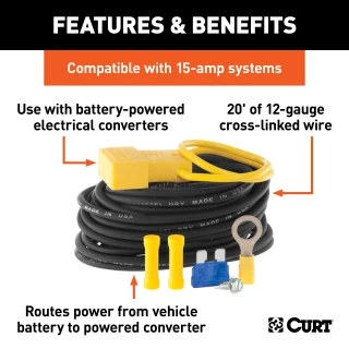 CURT powered converter kit including wiring, fuse holder, and cable ties for trailer connection