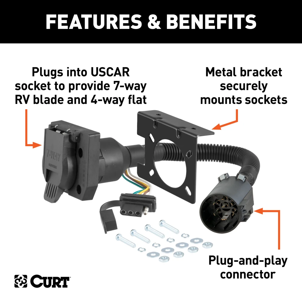 CURT custom wiring connector with dual 7-way and 4-way output sockets and mounting bracket