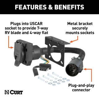 CURT custom wiring connector with dual 7-way and 4-way output sockets and mounting bracket