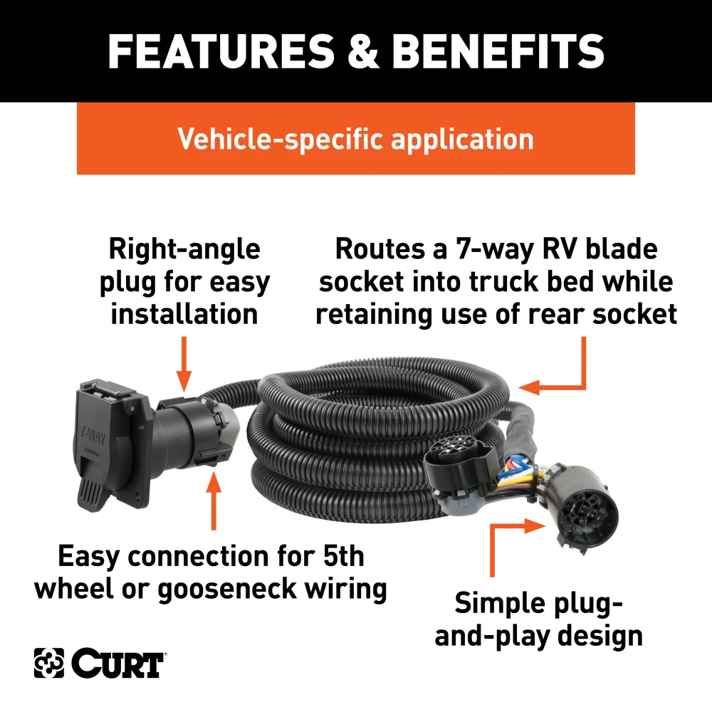 10-foot CURT 5th wheel and gooseneck trailer extension harness, ideal for extra truck bed connectivity.