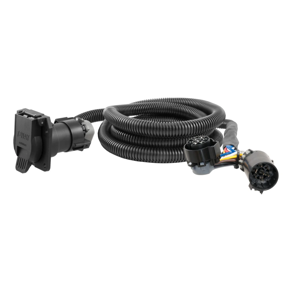 CURT 5th wheel and gooseneck extension harness with 7-way RV blade connector, in a truck bed setup.
