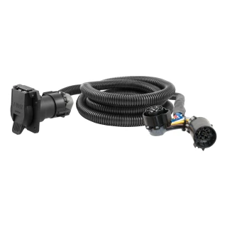 CURT 5th wheel and gooseneck extension harness with 7-way RV blade connector, in a truck bed setup.