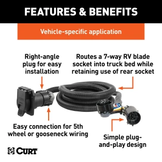 CURT 5th wheel and gooseneck extension harness with 7-way RV blade connector, in a truck bed setup.