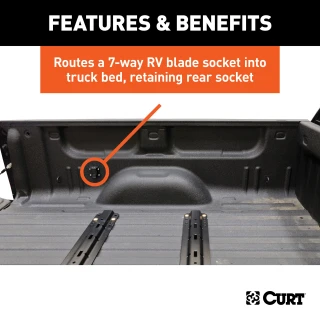 CURT 5th wheel and gooseneck extension harness with 7-way RV blade connector, in a truck bed setup.