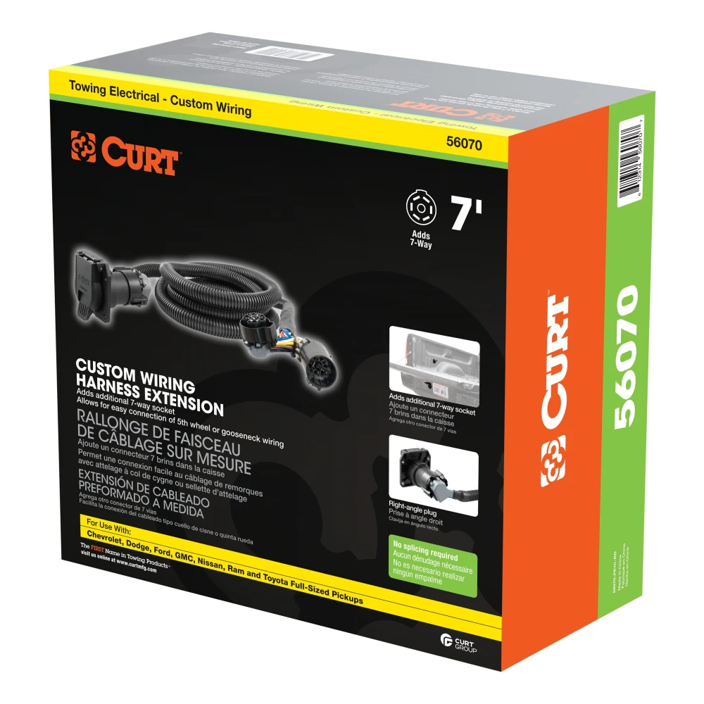 CURT 5th wheel and gooseneck extension harness with 7-way RV blade connector, in a truck bed setup.