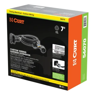 CURT 5th wheel and gooseneck extension harness with 7-way RV blade connector, in a truck bed setup.