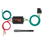 CURT electrical converter with 4-way flat socket and color-coded wires for easy vehicle trailer wiring conversion.