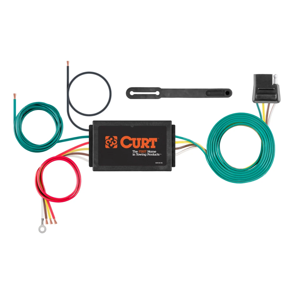 CURT Electrical Converter showing 4-way flat plug and colored wires, converts vehicle wiring for safe trailer towing.