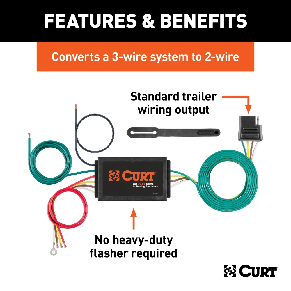 CURT Electrical Converter showing 4-way flat plug and colored wires, converts vehicle wiring for safe trailer towing.