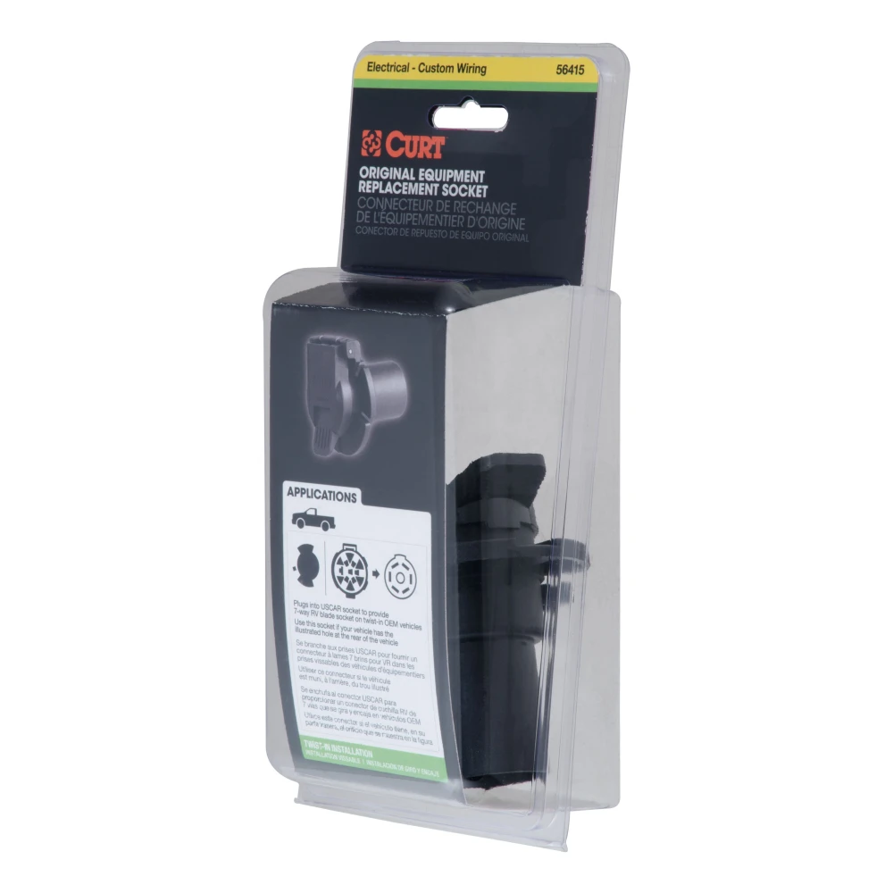 CURT 7-way RV blade connector for vehicle side, with black plastic body and spring-loaded dust cover.