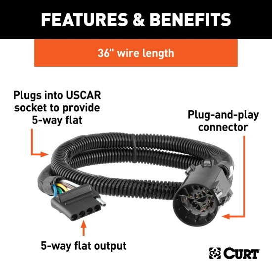 CURT Custom Wiring Connector 5-Way Flat Plug and Play CURT custom wiring connector with 5-way flat socket for easy trailer wiring installation, no cutting needed