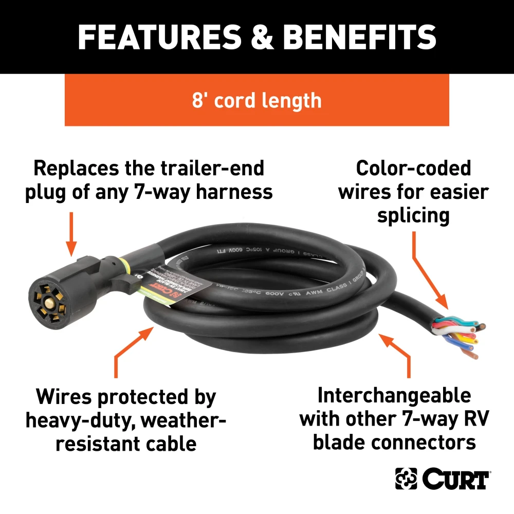 CURT 7-way RV Blade Replacement Harness ensuring reliable trailer power supply