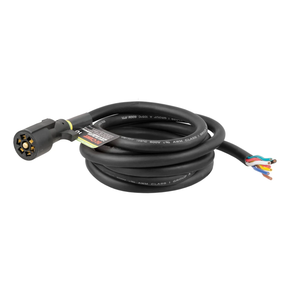 CURT 7-way RV blade replacement harness with color-coded wires and a 10-foot cable for trailers.