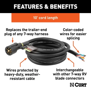 CURT 7-way RV blade replacement harness with color-coded wires and a 10-foot cable for trailers.