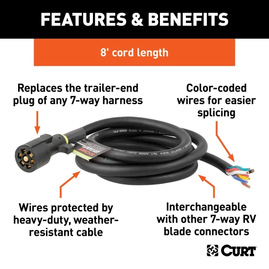 CURT 7-way RV blade replacement harness with 8-foot cable for trailer