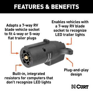 CURT electrical adapter for 7-way RV blade socket to 4-way 5-way flat trailer plug, supports LED lights