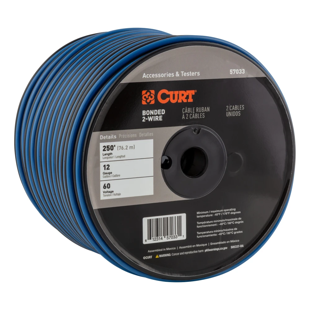 CURT 12-gauge primary wire in black and blue for trailer rewiring and repair, 250-foot spool.