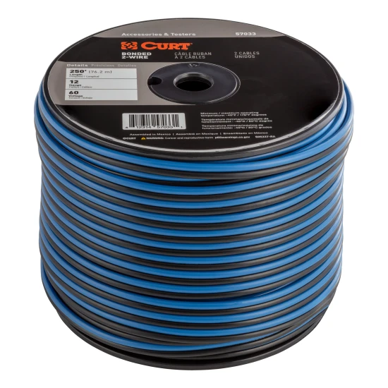 CURT 12-gauge primary wire in black and blue for trailer rewiring and repair, 250-foot spool.