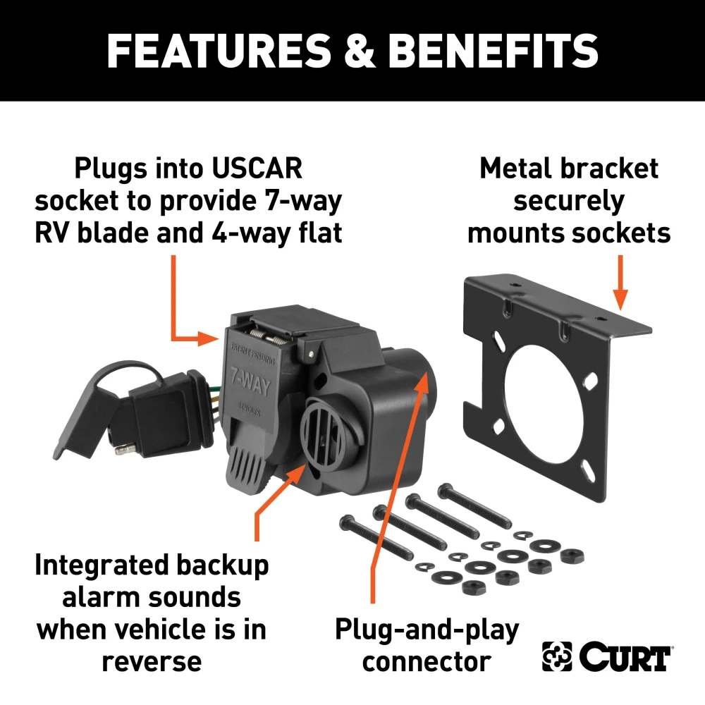 CURT custom 7-way and 4-way vehicle-to-trailer wiring connector with backup alarm