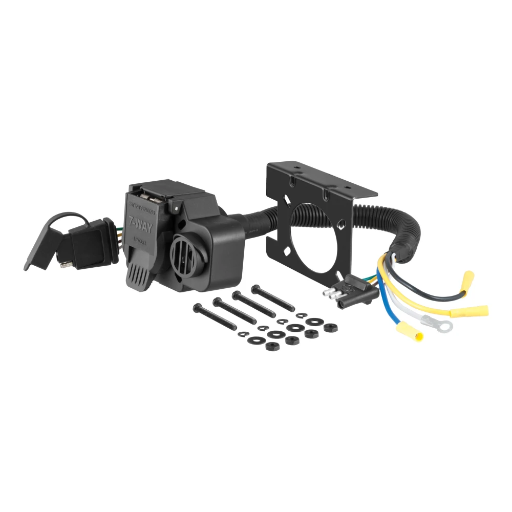 CURT electrical adapter for 4-way flat to 7-way RV blade, includes backup alarm and dust covers.