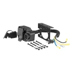 CURT electrical adapter for 4-way flat to 7-way RV blade, includes backup alarm and dust covers.