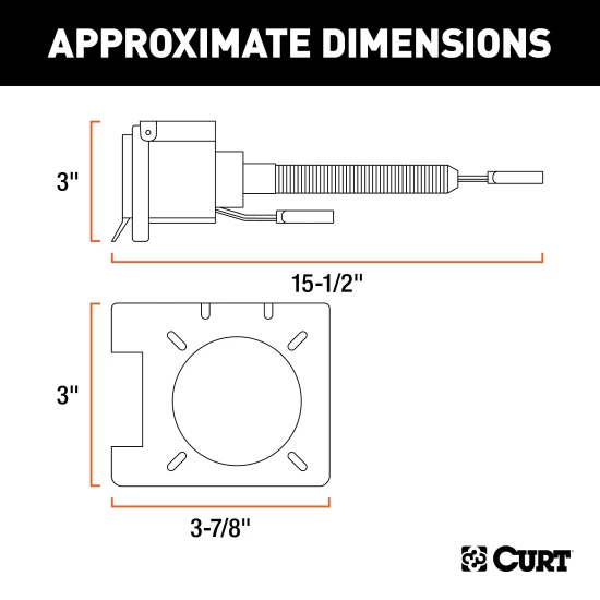 CURT electrical adapter for 4-way flat to 7-way RV blade, includes backup alarm and dust covers.