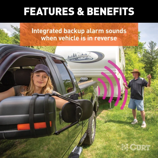 CURT electrical adapter for 4-way flat to 7-way RV blade, includes backup alarm and dust covers.