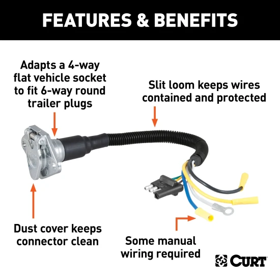 CURT electrical adapter, connects 4-way flat vehicle sockets to 6-way round trailer plugs with diecast construction