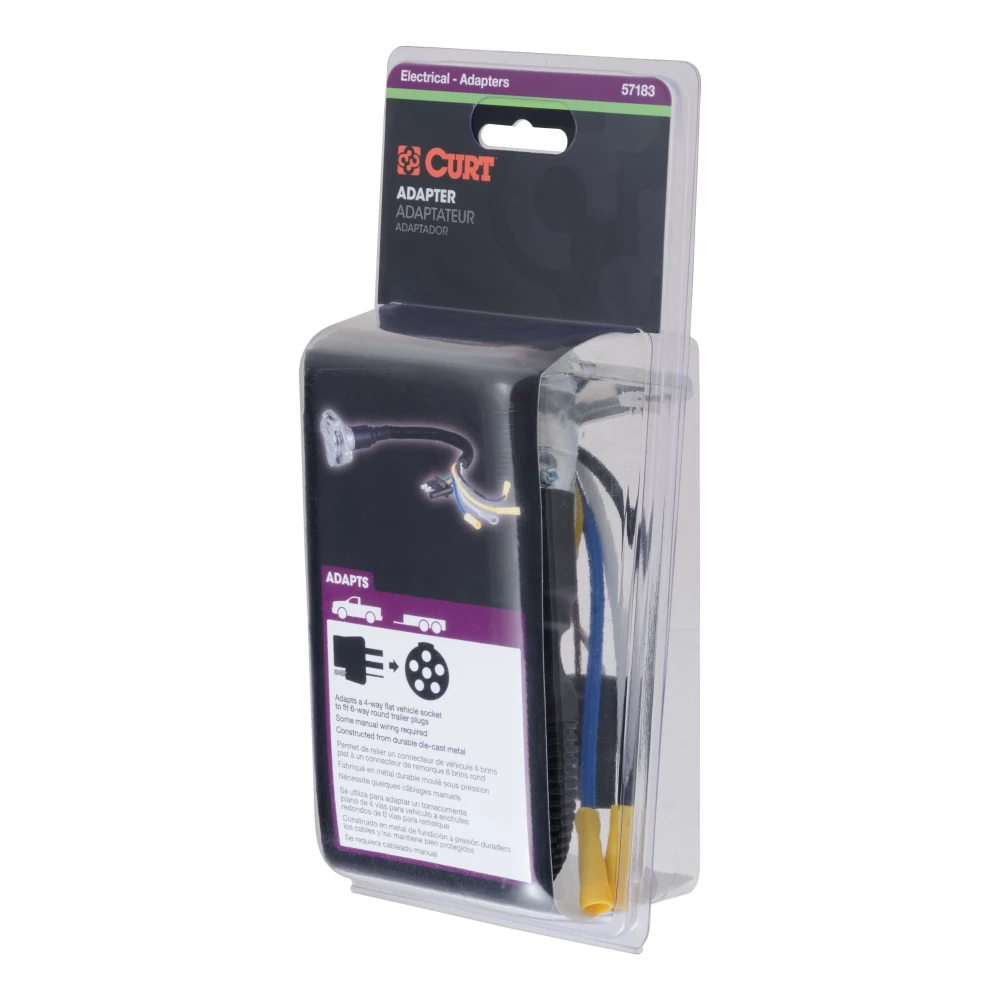 CURT electrical adapter, connects 4-way flat vehicle sockets to 6-way round trailer plugs with diecast construction