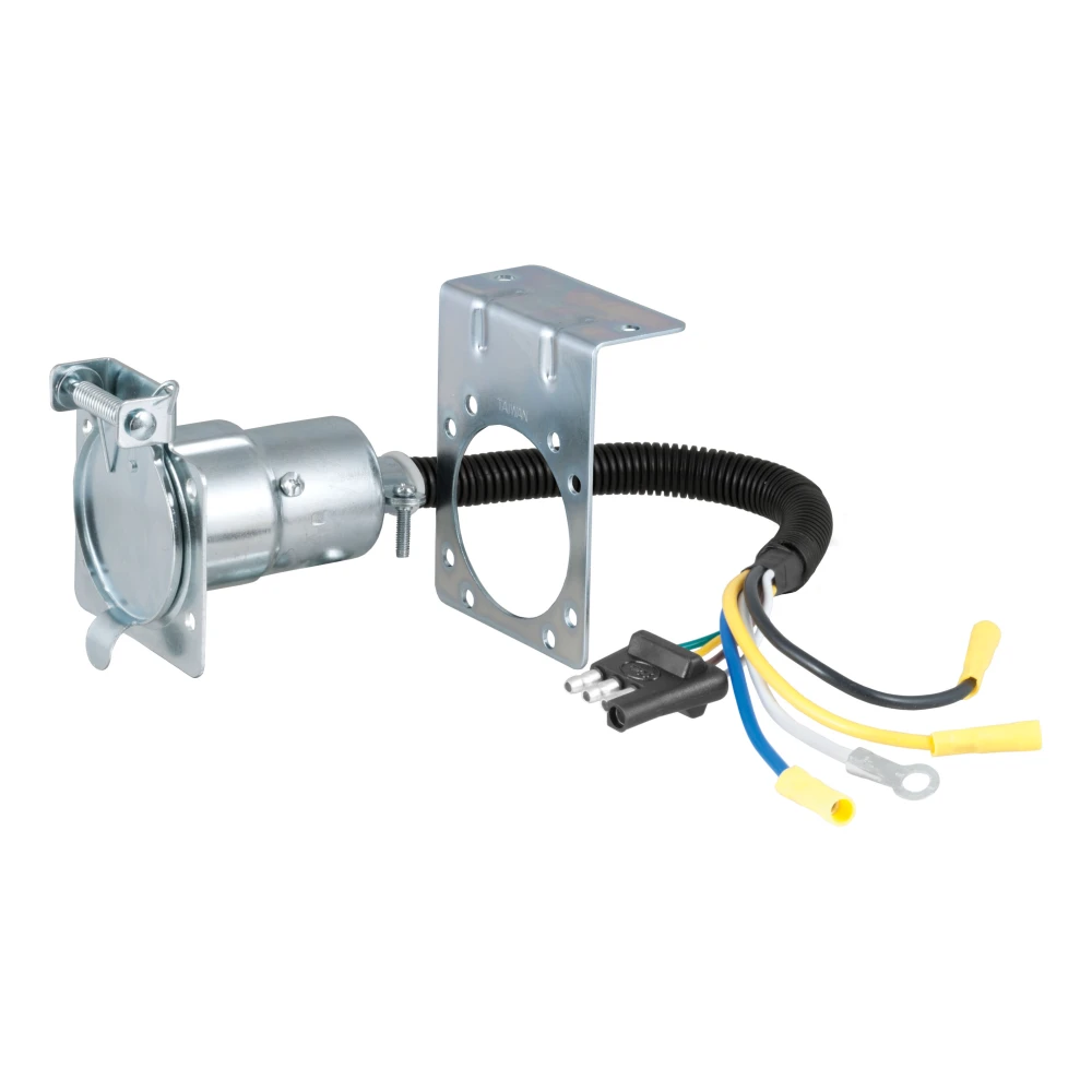 CURT electrical adapter that connects a 4-way flat vehicle socket to a 7-way RV blade trailer plug with mounting bracket.