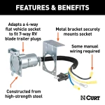 CURT electrical adapter that connects a 4-way flat vehicle socket to a 7-way RV blade trailer plug with mounting bracket.