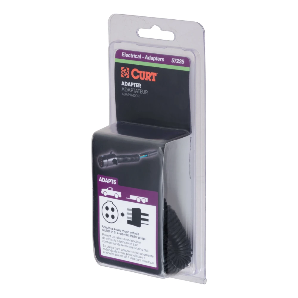 CURT electrical adapter adapts 4-way round vehicle socket to 4-way flat trailer plug without splicing.