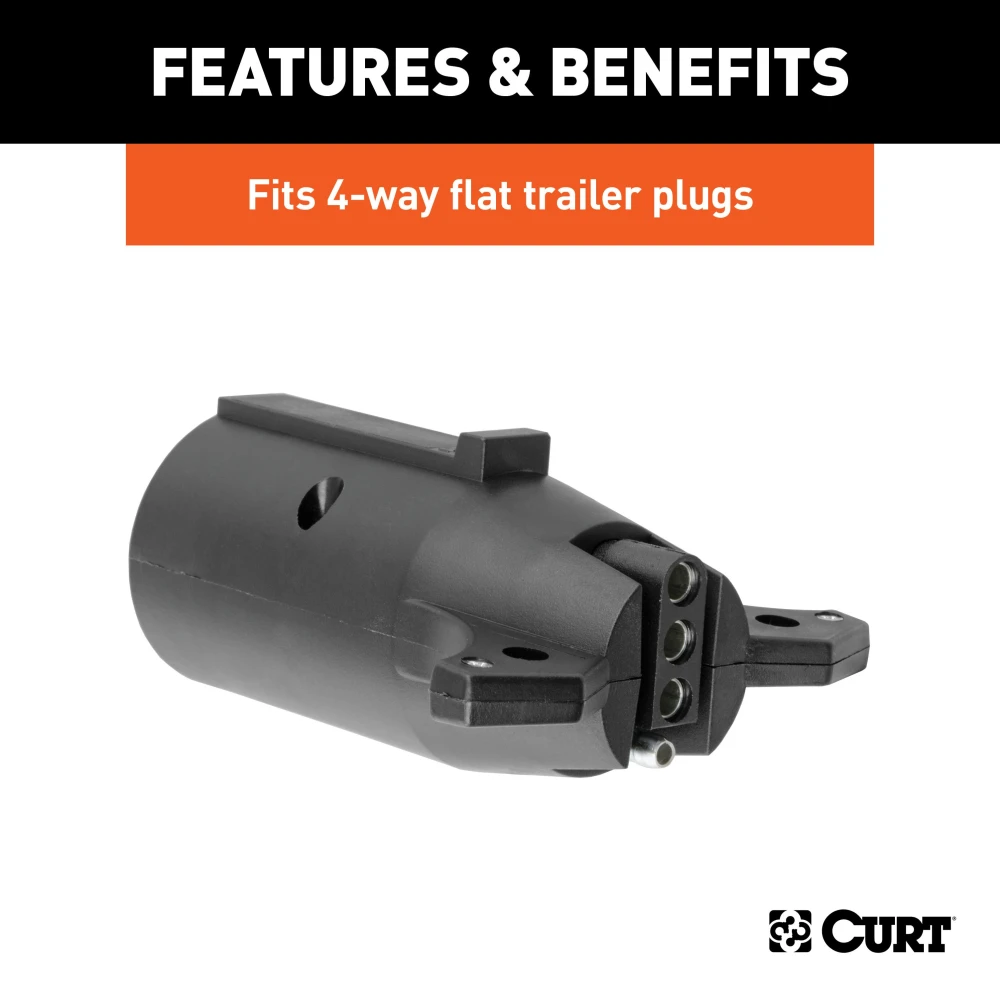CURT adapter connecting a 7-way RV socket with a 4-way flat trailer plug.
