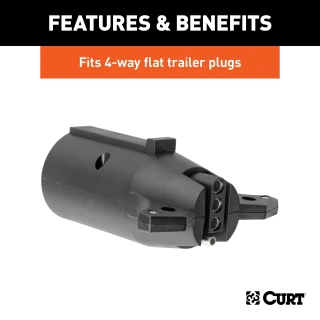 CURT adapter connecting a 7-way RV socket with a 4-way flat trailer plug.