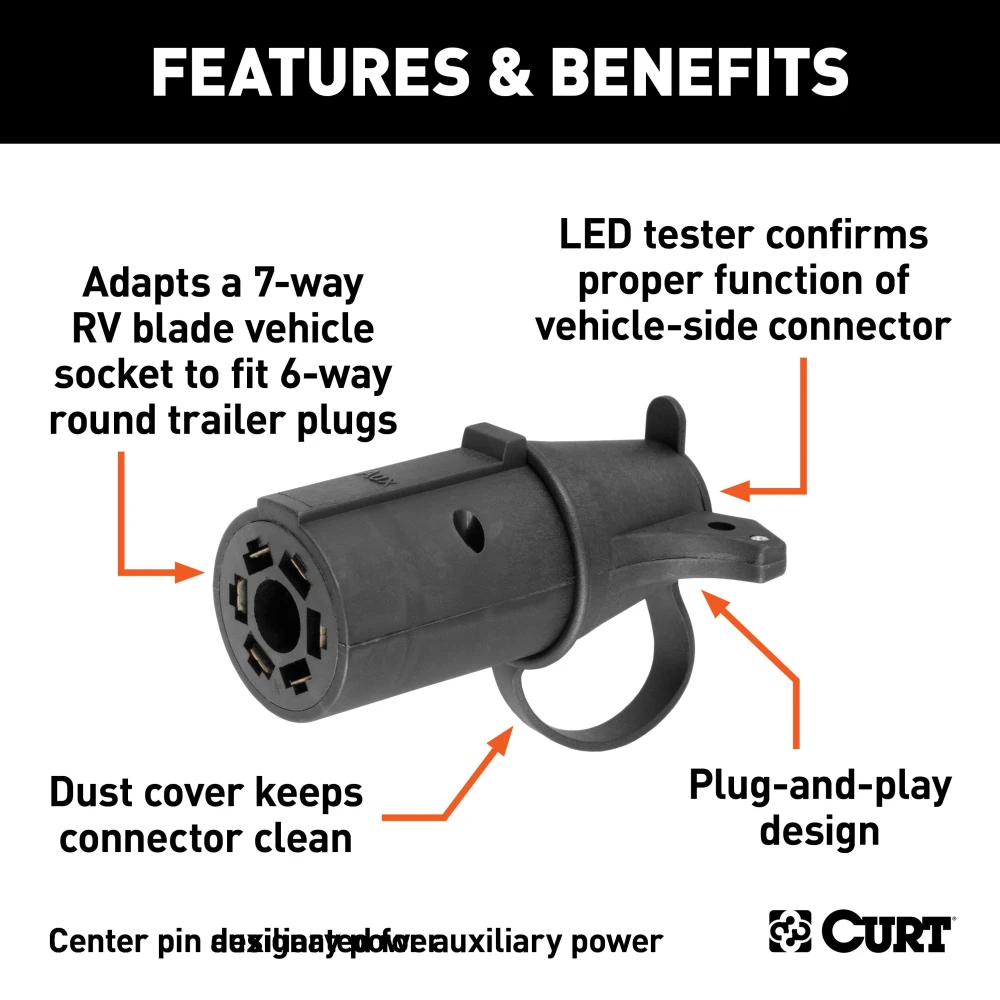 CURT electrical adapter connecting 7-way RV blade socket to 6-way round plug with LED tester