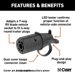 CURT electrical adapter connecting 7-way RV blade socket to 6-way round plug with LED tester
