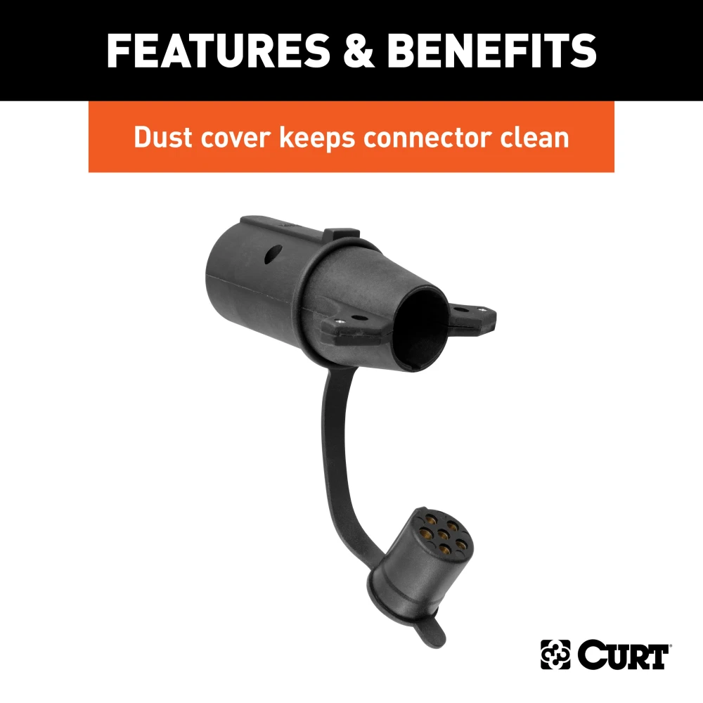 CURT electrical adapter connecting 7-way RV blade socket to 6-way round plug with LED tester