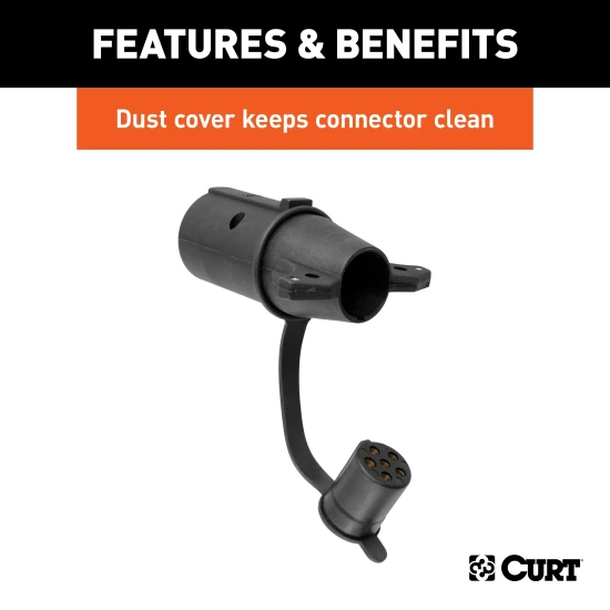 CURT electrical adapter connecting 7-way RV blade socket to 6-way round plug with LED tester
