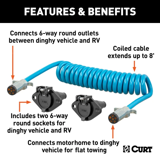 CURT electrical adapter with 6-way round sockets for connecting RV and dinghy vehicle