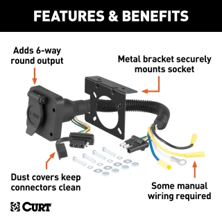 CURT electrical adapter to connect 4-way flat socket to 6-way round trailer plug
