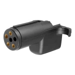 CURT electrical adapter converting a 6-way round socket to a 4-way flat plug.