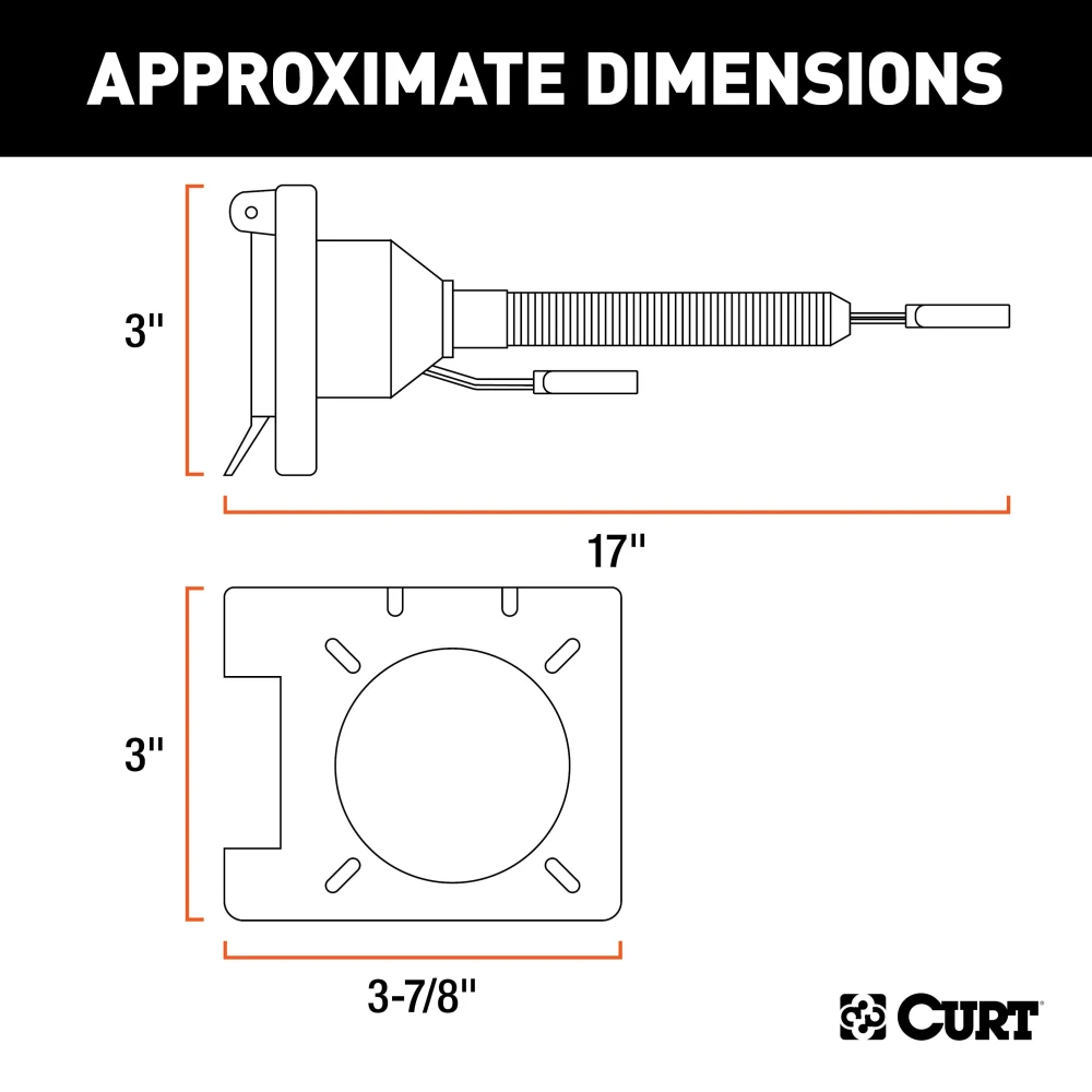 CURT electrical adapter with 4-way flat and 7-way RV blade connectors, dust covers, and mounting bracket.