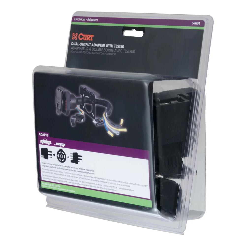 CURT electrical adapter converting 4-way flat to 7-way RV blade with dust covers